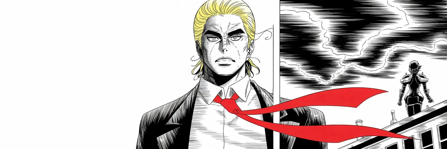 Manga panel 5 of 5, Week 27 “The Video That Never Was”: imposing older man with a sweeping golden pompadour mane, heavy brow, small intense eyes, strong jowled jaw, long dark suit, very long red necktie flowing like a battle banner atop a stormy tower at…