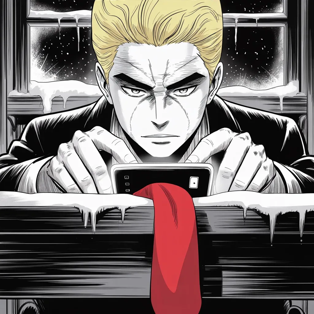 Manga panel 2 of 5, Week 28 “The Year's Coldest Warning”: Extreme close-up of thumbs over a glowing phone screen in the upper half of the frame in a dim winter study, the pale light carving deep shadows across a heavy brow and small intense eyes, frost…