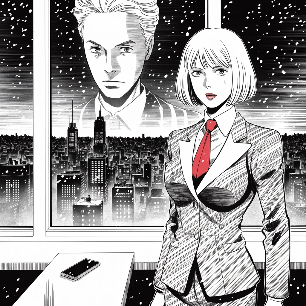 Manga panel 3 of 5, Week 28 “The Year's Coldest Warning”: composed older woman with short blonde hair, tailored pantsuit like armor plating, measured strategist's gaze rises as a vast apparition in falling snow over a night city in the middle strip of the…