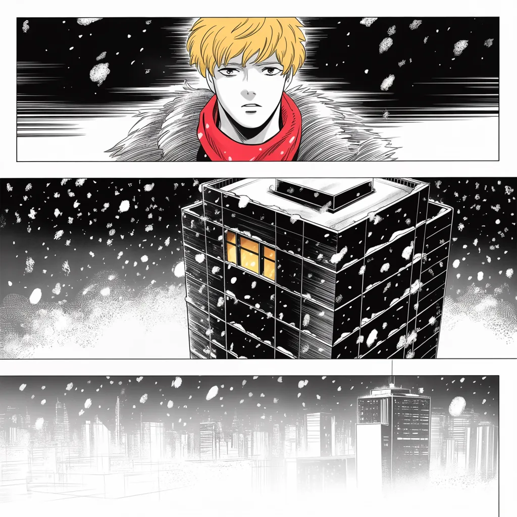 Manga panel 4 of 5, Week 28 “The Year's Coldest Warning”: A fortress-like skyscraper tower under heavy falling snow at night held to the middle strip of the frame, one warm lit window high in its dark face, halftone snowflakes drifting
