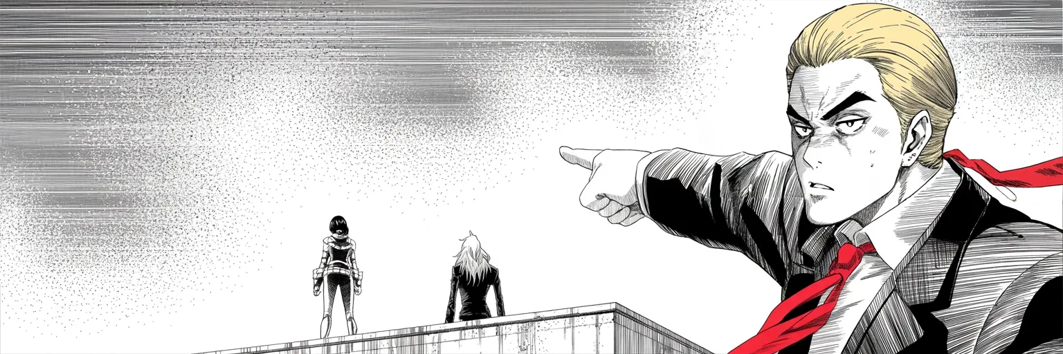 Manga panel 5 of 5, Week 28 “The Year's Coldest Warning”: imposing older man with a sweeping golden pompadour mane, heavy brow, small intense eyes, strong jowled jaw, long dark suit, very long red necktie flowing like a battle banner pressed against the…