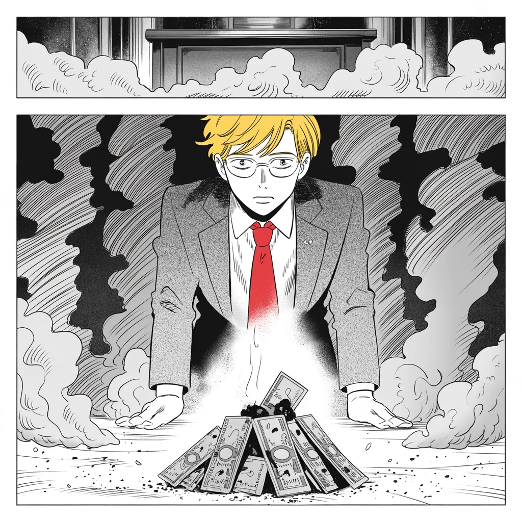 Manga panel 2 of 5, Week 29 “The Ledger of War”: tall tired middle-aged man with rimless glasses, slightly stooped shoulders, neat suit, gentle defeated eyes kneels in the middle strip of the frame in falling ash beside a smoldering brazier of…
