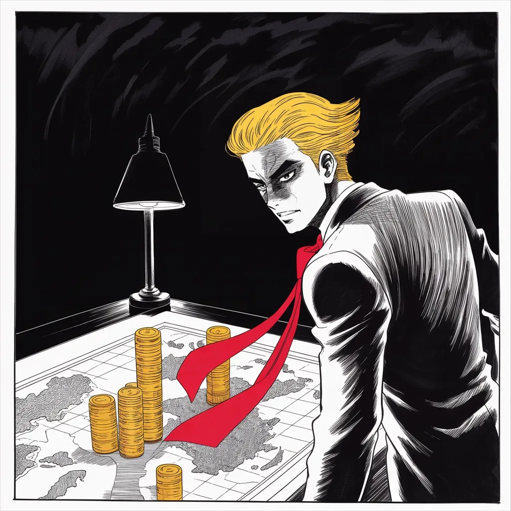 Manga panel 3 of 5, Week 29 “The Ledger of War”: seen from behind and above: imposing older man with a sweeping golden pompadour mane, heavy brow, small intense eyes, strong jowled jaw, long dark suit, very long red necktie flowing like a battle…