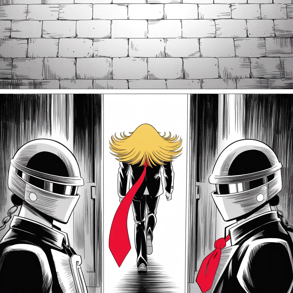 Manga panel 4 of 5, Week 29 “The Ledger of War”: Black and white manga panel: two helmeted honor guards with mirrored visors seen entirely from behind at the lower center, flanking a doorway, and between them the distant back of an imposing older…
