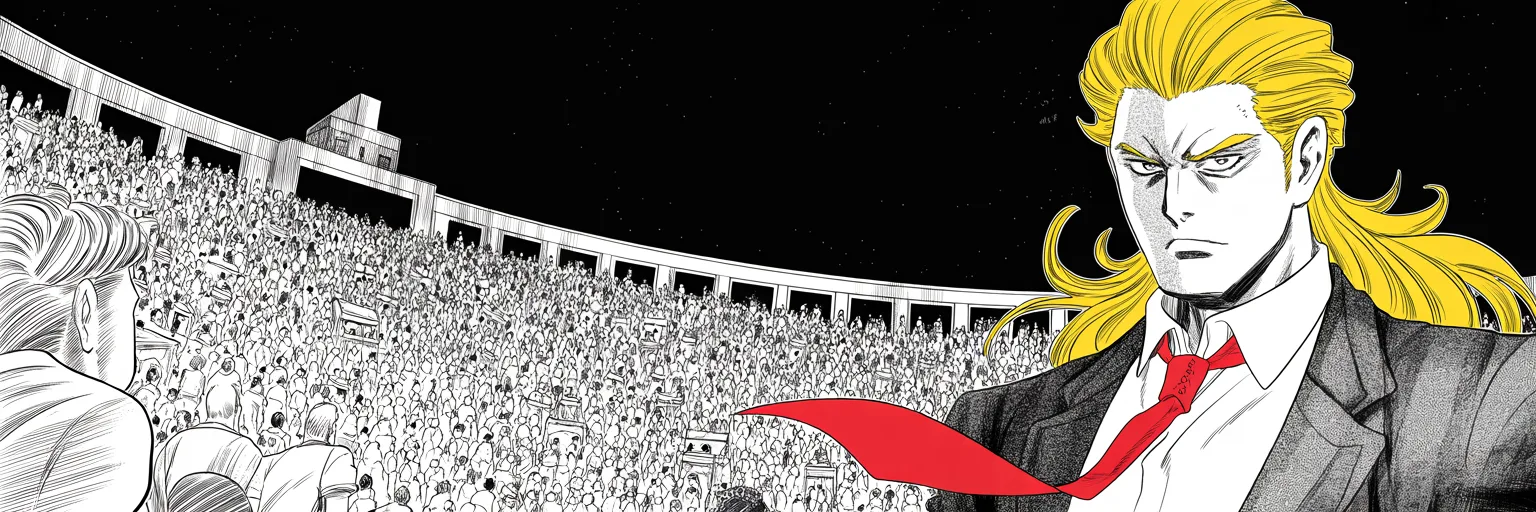 Manga panel 5 of 5, Week 29 “The Ledger of War”: A colossal halftone crowd overflows an arena at night across the left two-thirds of the frame, spilling out its doors; imposing older man with a sweeping golden pompadour mane, heavy brow, small…