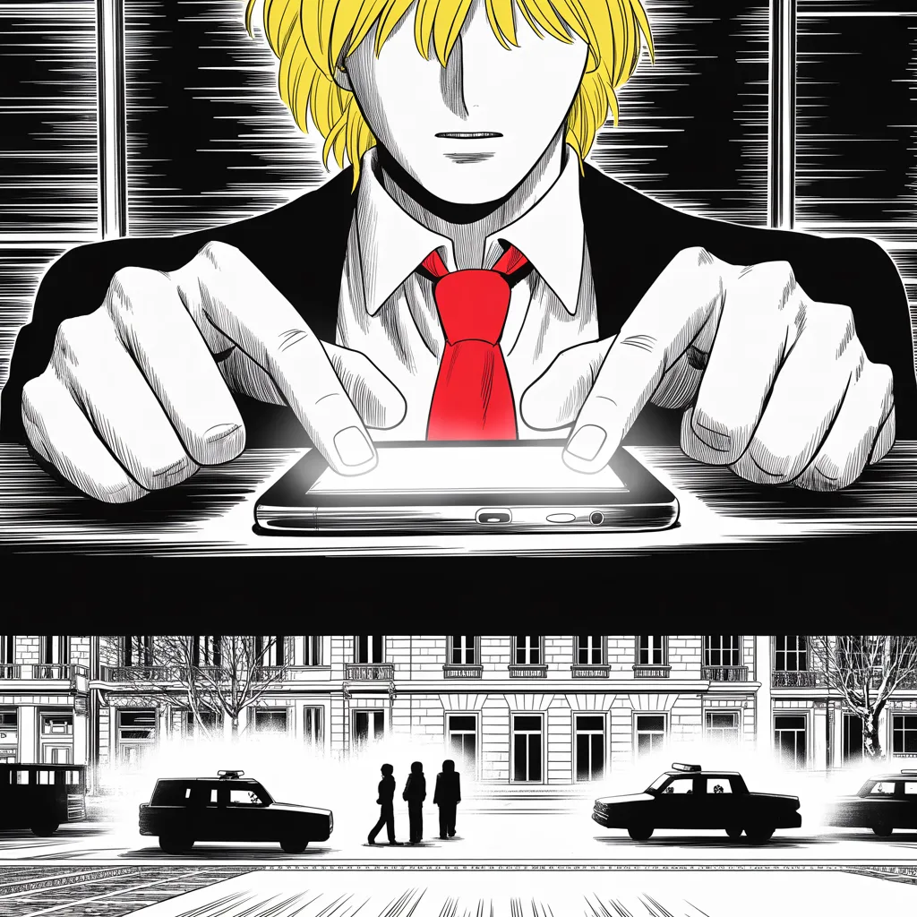 Manga panel 2 of 5, Week 30 “Snow, Omens, and an Unfought War”: extreme close-up of thumbs over a glowing phone screen in the upper half of the frame in a dark room; reflected in the glass, armed silhouettes converge on a stone police station along a wintry…