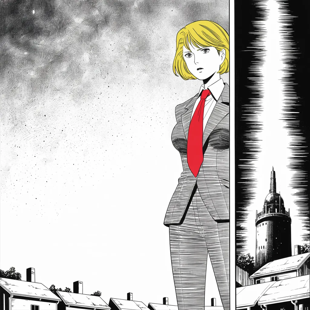 Manga panel 3 of 5, Week 30 “Snow, Omens, and an Unfought War”: composed older woman with short blonde hair, tailored pantsuit like armor plating, measured strategist's gaze rendered small as a distant apparition pressed fully against the right edge of the…