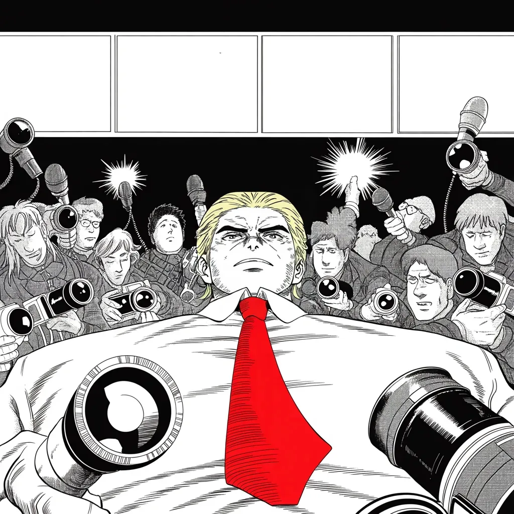 Manga panel 4 of 5, Week 30 “Snow, Omens, and an Unfought War”: crowd of featureless figures with camera lenses for faces, microphone thicket and flash bursts parting in the lower half of the frame around an unmoved broad figure whose very long red necktie cuts…