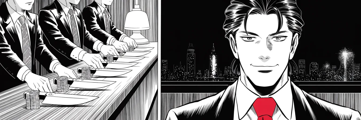 Manga panel 5 of 5, Week 30 “Snow, Omens, and an Unfought War”: round-faced man with slick dark hair, hooded eyes, thin smile, courtroom bearing sits in a dim chamber on the right half of the frame above a glittering night skyline as shadowy backers slide stacks…