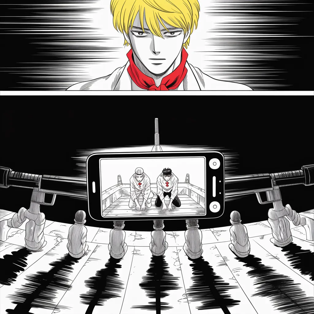 Manga panel 2 of 5, Week 31 “The City of the Towers”: close-up of a glowing phone in the middle strip of the frame in a dark room; on its screen, captive sailors kneel on the deck of a small vessel, hands behind their heads, under jagged rifle shadows…