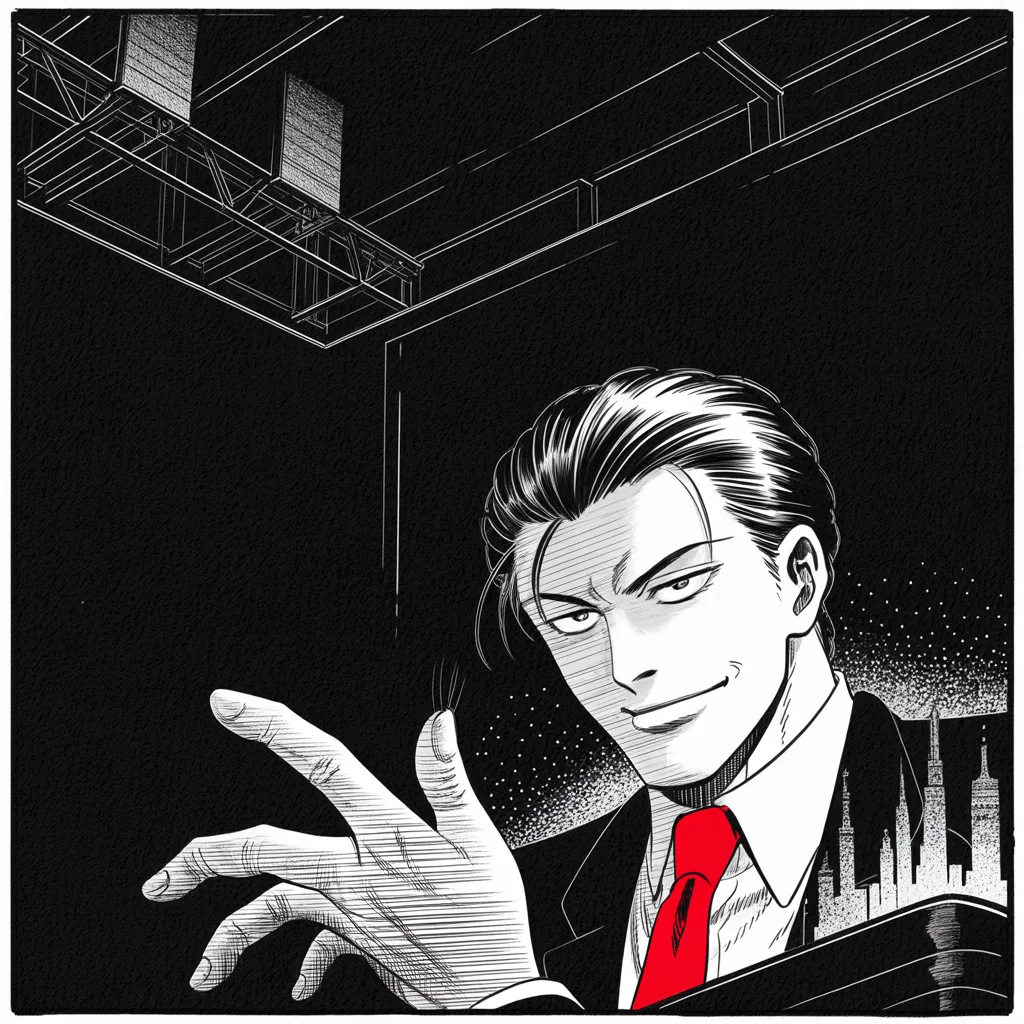 Manga panel 3 of 5, Week 31 “The City of the Towers”: round-faced man with slick dark hair, hooded eyes, thin smile, courtroom bearing sneers from a debate podium, rendered small and confined to the lower right third of the frame, flicking a dismissive…