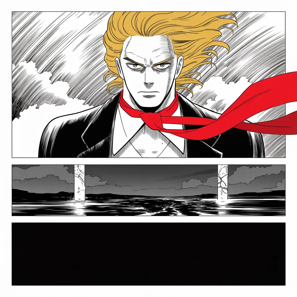 Manga panel 4 of 5, Week 31 “The City of the Towers”: imposing older man with a sweeping golden pompadour mane, heavy brow, small intense eyes, strong jowled jaw, long dark suit, very long red necktie flowing like a battle banner stands in the middle…