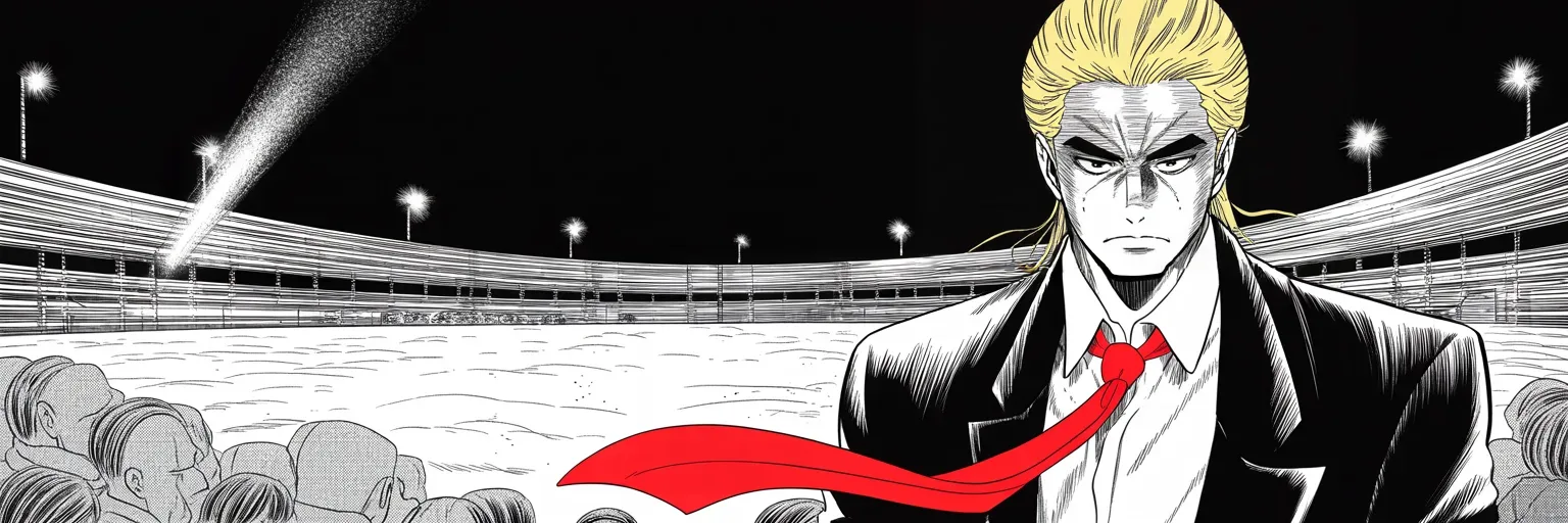 Manga panel 5 of 5, Week 31 “The City of the Towers”: imposing older man with a sweeping golden pompadour mane, heavy brow, small intense eyes, strong jowled jaw, long dark suit, very long red necktie flowing like a battle banner shot from below on the…