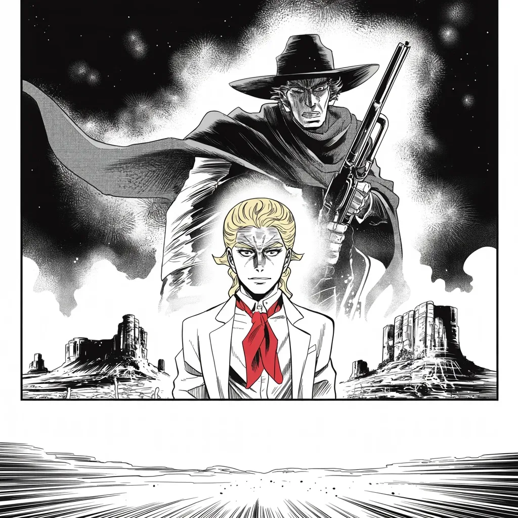 Manga panel 2 of 5, Week 32 “The Banners Gather”: the broad golden-maned figure stands on a moonlit prairie in the middle strip of the frame as a towering spectral cowboy with wide-brimmed hat and rifle materializes behind him among mesa buttes…