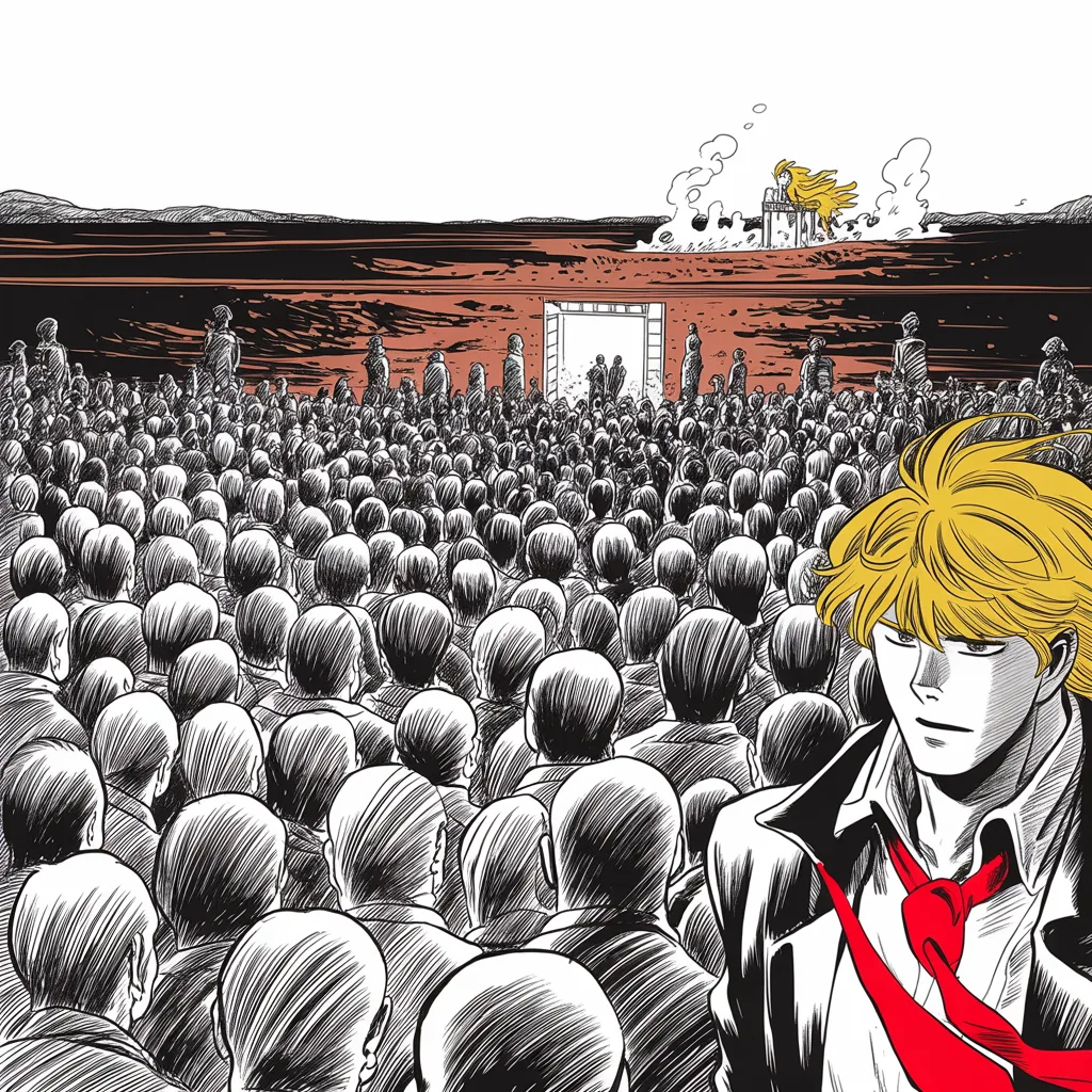 Manga panel 3 of 5, Week 32 “The Banners Gather”: vast arena on red-dirt plains overflowing with halftone masses in the lower half of the frame, thousands more pressing at the floodlit doors outside, a tiny broad figure with golden mane at the…