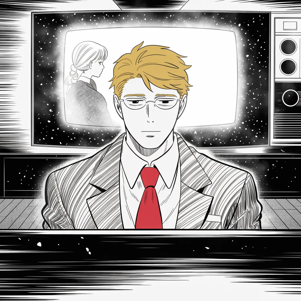 Manga panel 4 of 5, Week 32 “The Banners Gather”: tall tired middle-aged man with rimless glasses, slightly stooped shoulders, neat suit, gentle defeated eyes sits alone in the middle strip of the frame in a dark study lit only by television glow…