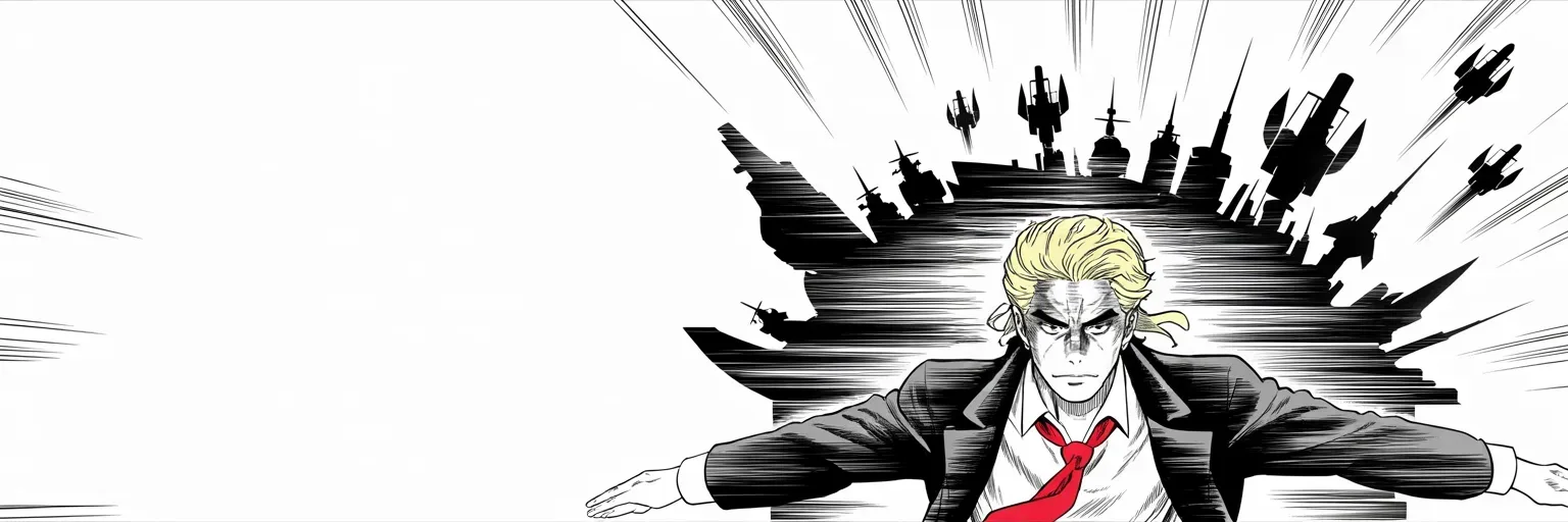 Manga panel 5 of 5, Week 32 “The Banners Gather”: shot from below, the golden-maned protagonist arms outspread on the right half of the frame, mane haloed by stormlight, very long red necktie streaming, as silhouettes of warships, jet squadrons and…