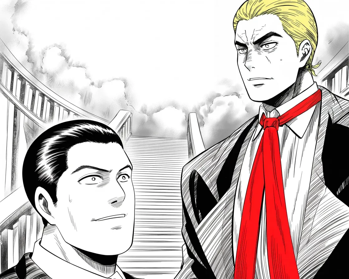 Manga panel 2 of 4, Week 33 “The Empty Podium”: round-faced man with slick dark hair, hooded eyes, thin smile, courtroom bearing pleads up a vast marble stair rising across the right two-thirds of the frame toward imposing older man with a…