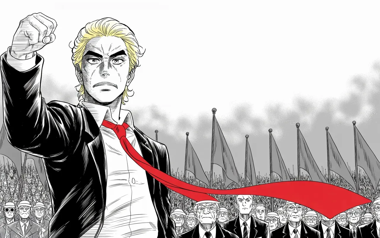 Manga panel 3 of 4, Week 33 “The Empty Podium”: imposing older man with a sweeping golden pompadour mane, heavy brow, small intense eyes, strong jowled jaw, long dark suit, very long red necktie flowing like a battle banner raises a fist at a…
