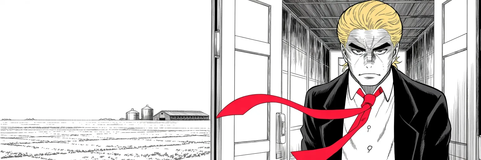 Manga panel 4 of 4, Week 33 “The Empty Podium”: frozen prairie at dawn, grain silos low on the right horizon; imposing older man with a sweeping golden pompadour mane, heavy brow, small intense eyes, strong jowled jaw, long dark suit, very long…