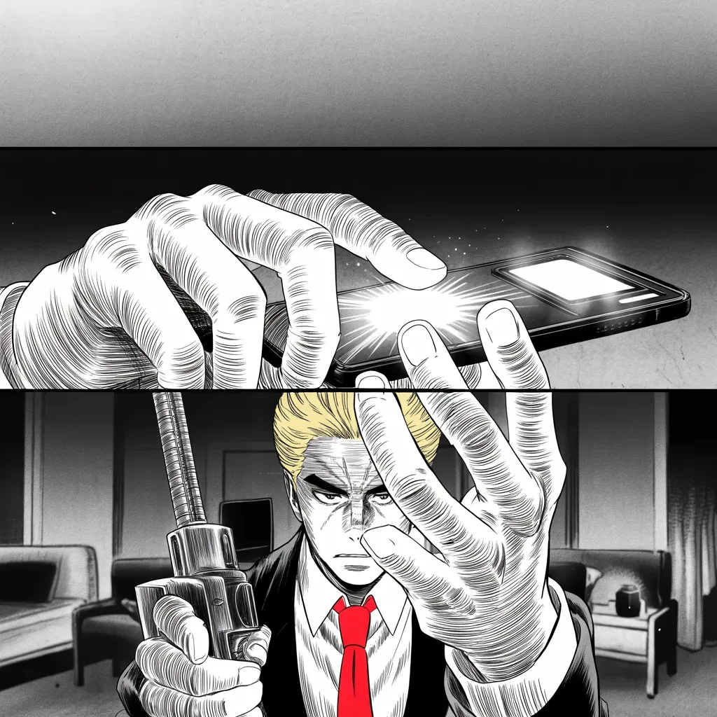 Manga panel 2 of 5, Week 34 “The First Wound”: Extreme close-up of thumbs poised over a glowing phone screen in the middle strip of the frame in cold gray morning light, harsh halftone glare on the glass, tendons taut, dark hotel room blurred…
