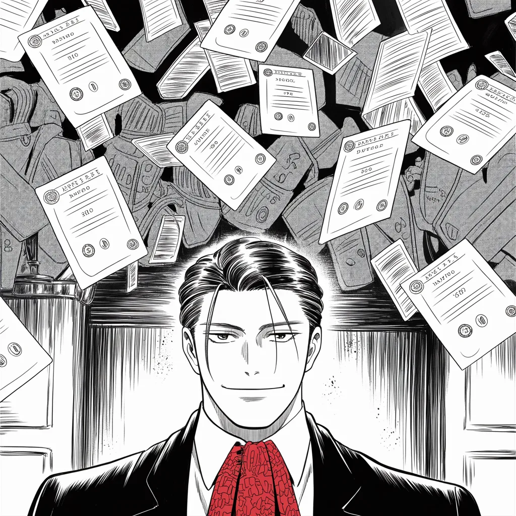 Manga panel 3 of 5, Week 34 “The First Wound”: Round-faced man with slick dark hair, hooded eyes, thin smile, courtroom bearing stands in the lower half of the frame amid a blizzard of falling official papers and sealed certificates, lit from…