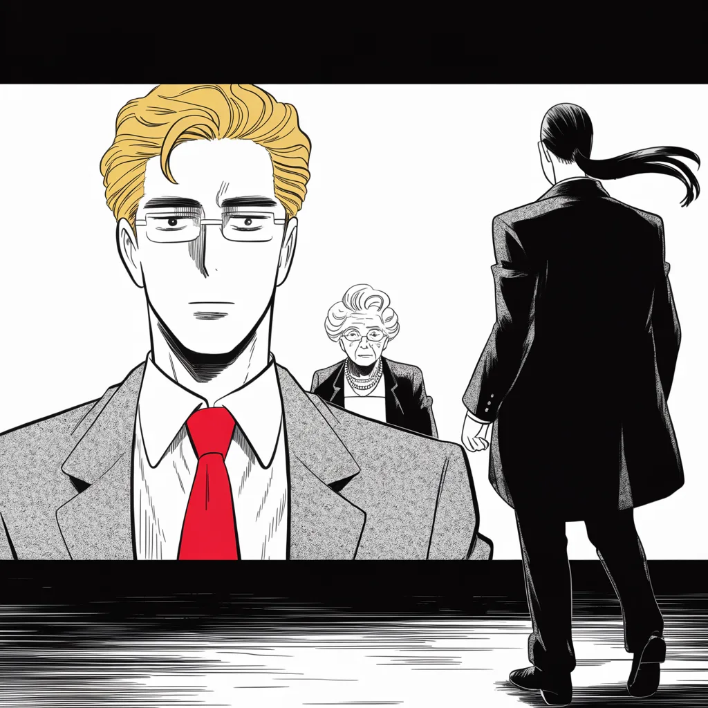 Manga panel 4 of 5, Week 34 “The First Wound”: Tall tired middle-aged man with rimless glasses, slightly stooped shoulders, neat suit, gentle defeated eyes stands behind a frail elderly matriarch in pearls in the middle strip of the frame; in…