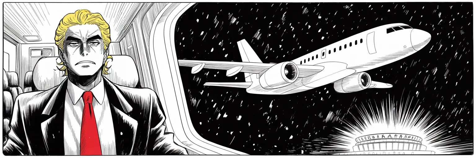 Manga panel 5 of 5, Week 34 “The First Wound”: Private jet climbing through night snowfall across the right half of the frame, a distant stadium's glow shrinking far below the wing at the lower right; at the cabin window sits the imposing older…