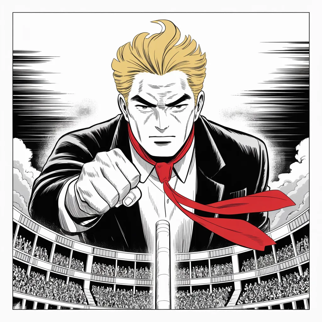 Manga panel 2 of 5, Week 35 “New Hampshire Answers”: imposing older man with a sweeping golden pompadour mane, heavy brow, small intense eyes, strong jowled jaw, long dark suit, very long red necktie flowing like a battle banner pounds the podium with…