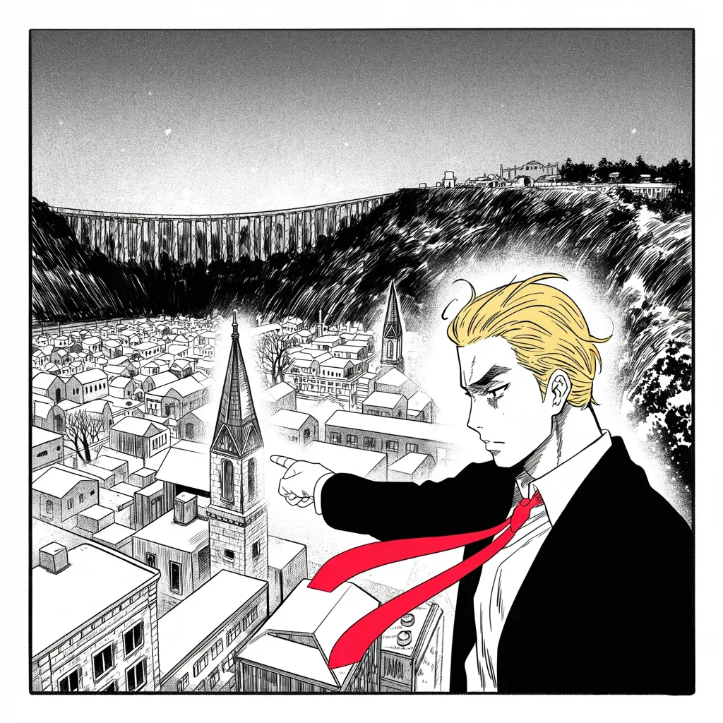 Manga panel 3 of 5, Week 35 “New Hampshire Answers”: snow-choked mill town at dusk seen from a ridge filling the bottom half of the frame, church steeples and shuttered factories, the colossal shadow of a fortress wall rising across the valley; a…
