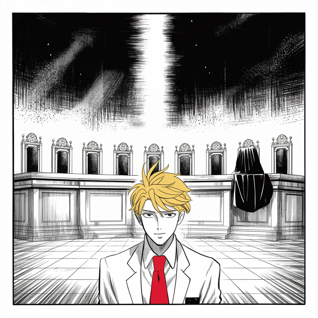 Manga panel 4 of 5, Week 35 “New Hampshire Answers”: vast marble hall of justice in funeral gloom, nine tall empty chairs on a high bench across the middle strip of the frame, one draped in black cloth, a single shaft of light cutting the darkness…