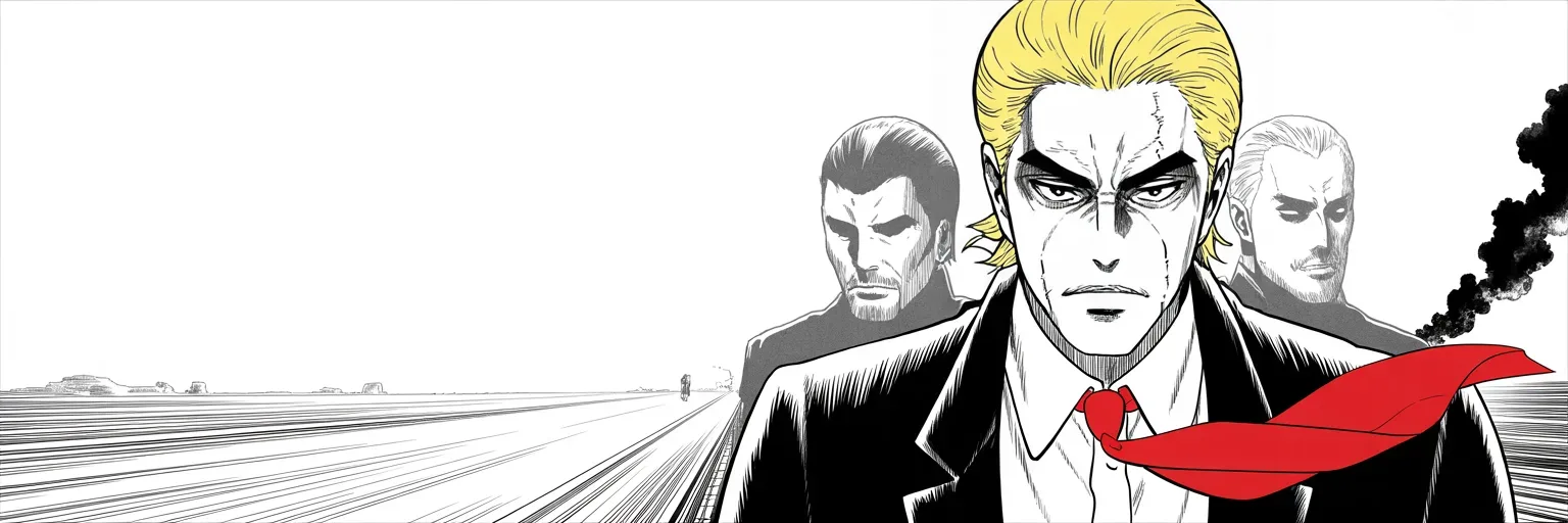 Manga panel 5 of 5, Week 35 “New Hampshire Answers”: southern highway under a hot white sky, imposing older man with a sweeping golden pompadour mane, heavy brow, small intense eyes, strong jowled jaw, long dark suit, very long red necktie flowing…