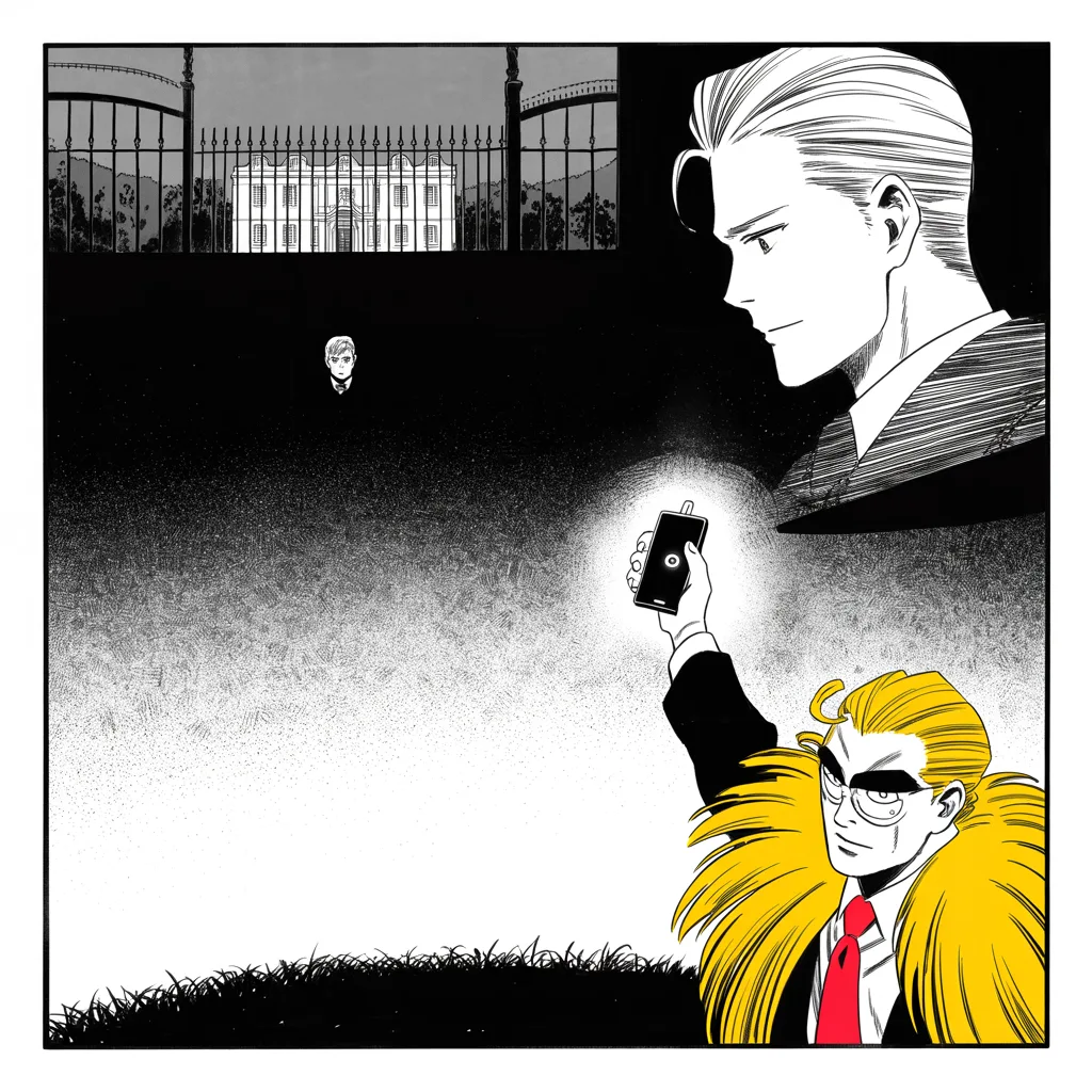 Manga panel 2 of 5, Week 36 “The Heir-Knight Leaves the Field”: a distant white mansion behind iron fences at dusk compressed small into the upper right quarter of the frame, a slim dignified man, graying close-cropped hair, calm bearing, a tiny silhouette in…