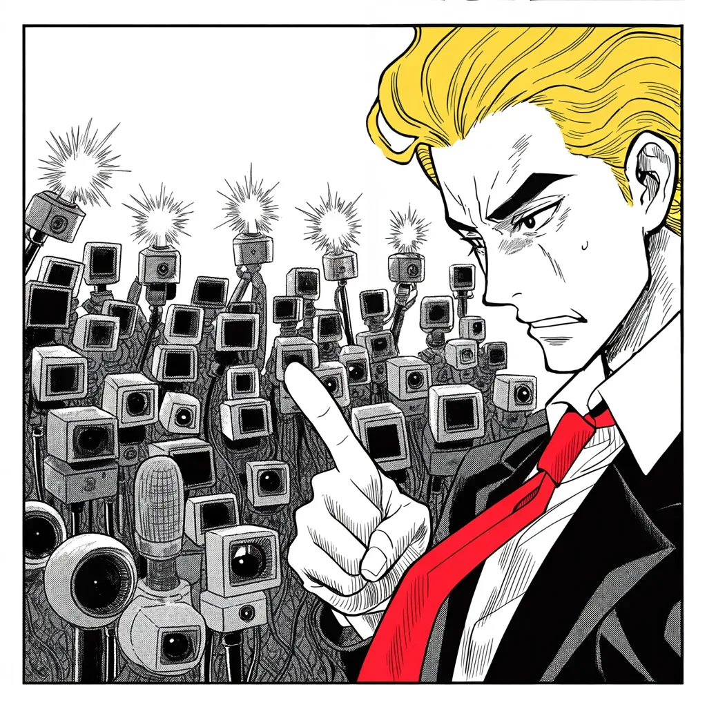 Manga panel 3 of 5, Week 36 “The Heir-Knight Leaves the Field”: crowd of featureless figures with camera lenses for faces and a microphone thicket packed across the lower half of the frame, flash bursts like artillery fire; the imposing older man with a sweeping…