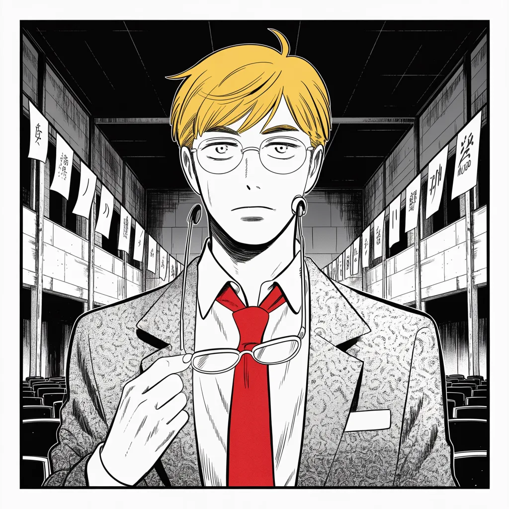 Manga panel 4 of 5, Week 36 “The Heir-Knight Leaves the Field”: tall tired middle-aged man with rimless glasses, slightly stooped shoulders, neat suit, gentle defeated eyes stands in the lower half of an emptying hall, the glasses folded in his hand, eyes naked…