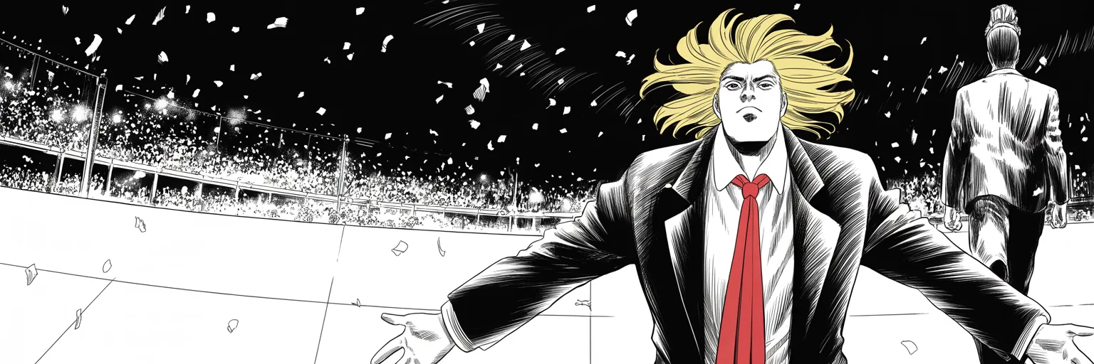 Manga panel 5 of 5, Week 36 “The Heir-Knight Leaves the Field”: Ultra-wide cinemascope victory stage at night, confetti as halftone snow: imposing older man with a sweeping golden pompadour mane, strong jowled jaw, long dark suit, very long red necktie, arms…