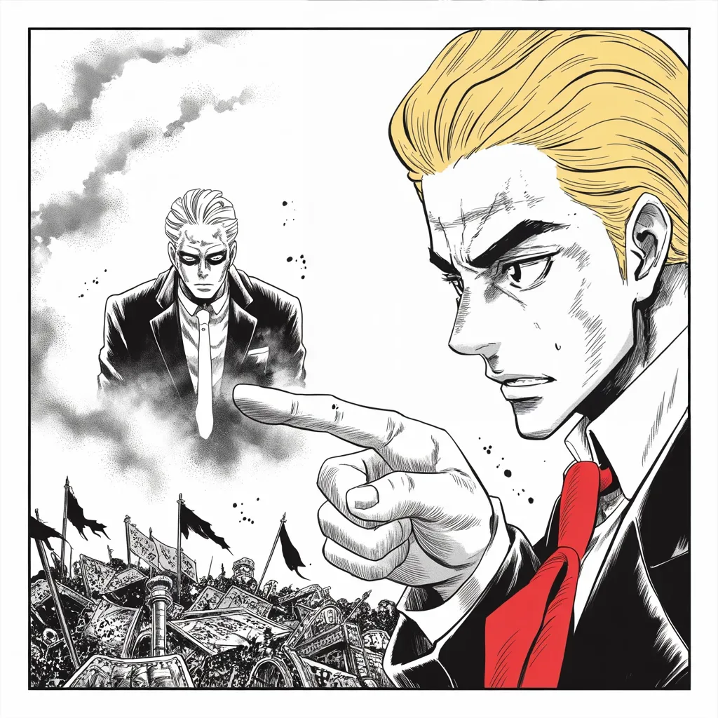 Manga panel 2 of 5, Week 37 “Never Let Them See You Sweat”: a gaunt phantom of a silver-templed patrician in an immaculate suit rises from mist over an old lost battlefield strewn with torn banners across the lower half of the frame; the imposing older man…