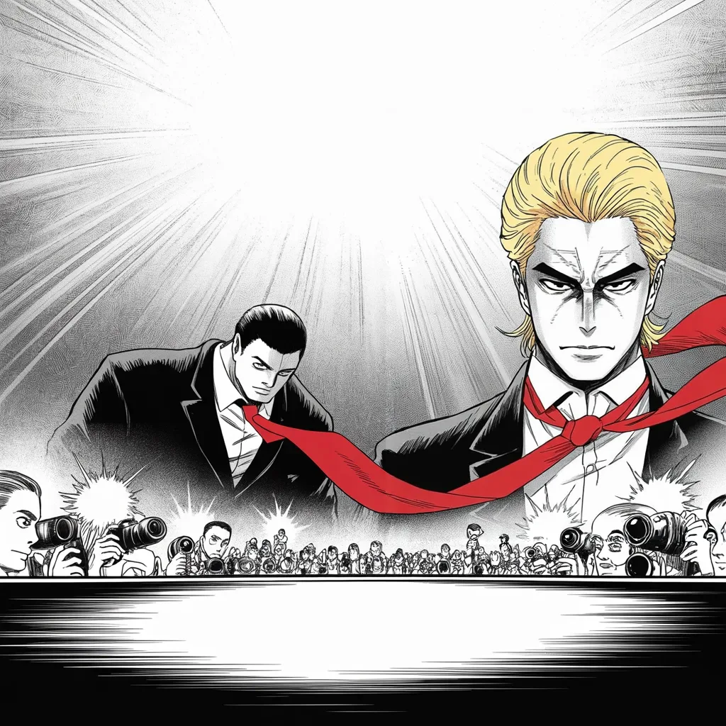 Manga panel 3 of 5, Week 37 “Never Let Them See You Sweat”: all subject matter confined to one thin horizontal strip across the exact middle of the frame — a floodlit rally stage where a broad heavyset man in a dark suit bows his head deeply beside the…