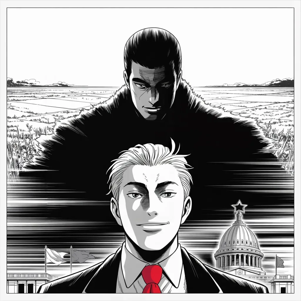Manga panel 4 of 5, Week 37 “Never Let Them See You Sweat”: a round-faced man with slick dark hair, hooded eyes, thin smile, courtroom bearing stands small in the lower half of the frame before a star-crowned capitol dome as the vast shadow of a…