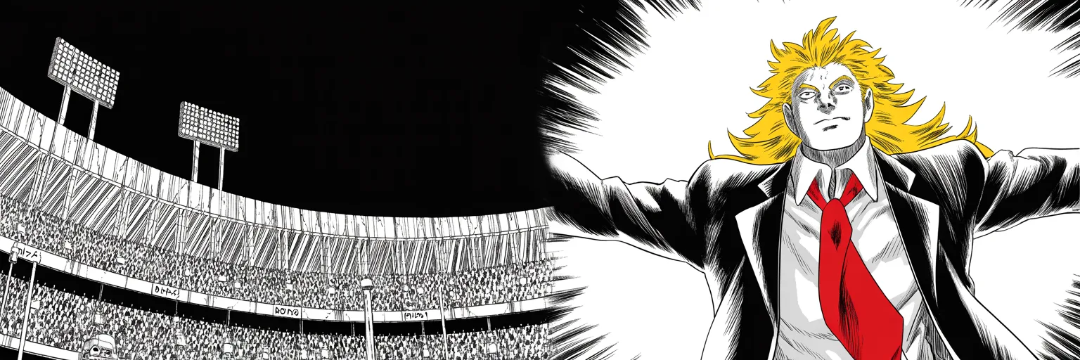Manga panel 5 of 5, Week 37 “Never Let Them See You Sweat”: colossal football stadium at night packed with halftone masses under stadium lights like war beacons along the bottom and right; imposing older man with a sweeping golden pompadour mane, strong…