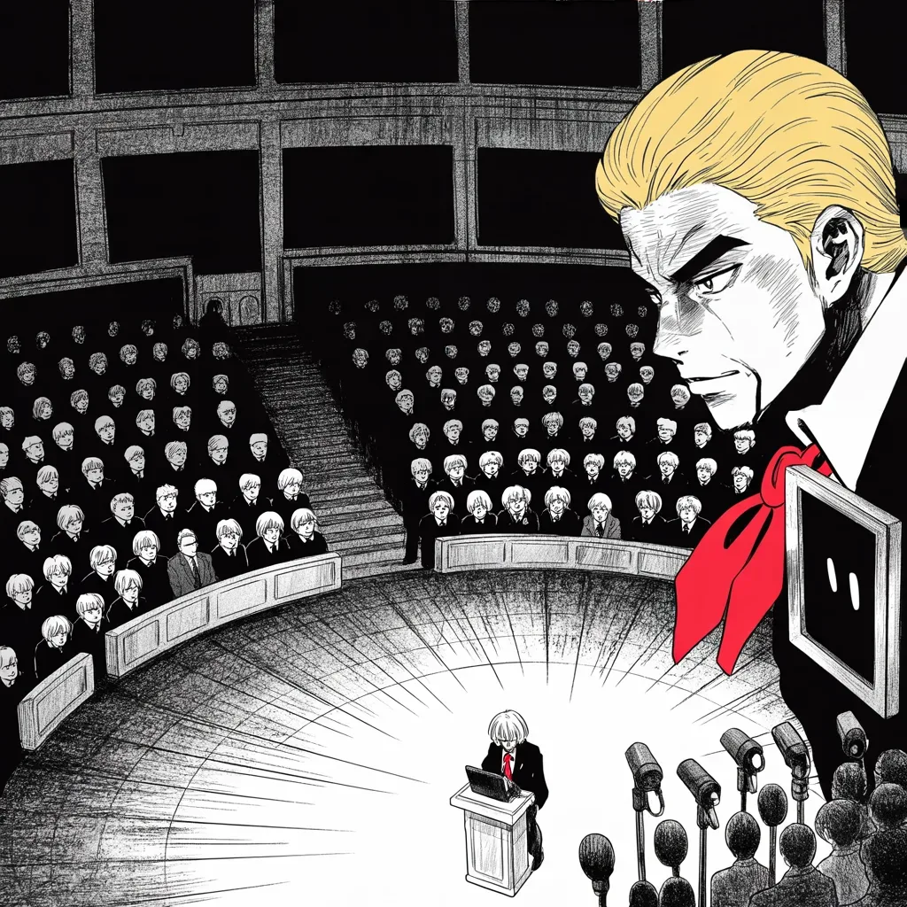 Manga panel 2 of 5, Week 38 “The Map Catches Fire”: everything compacted small into the lower right quarter of the frame — a silver-haired patrician elder thundering from a tiny university lectern, a thin line of featureless figures with camera…