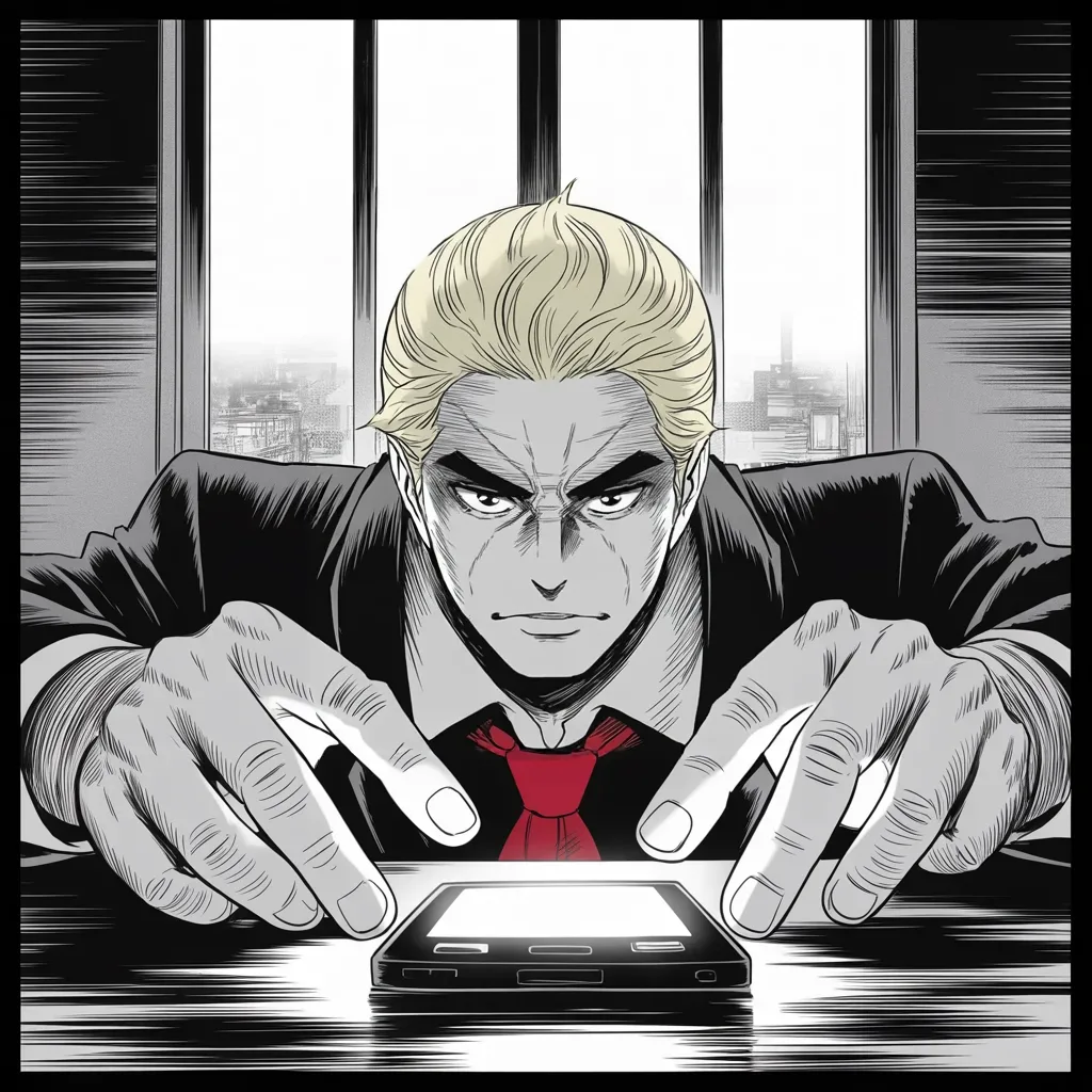 Manga panel 3 of 5, Week 38 “The Map Catches Fire”: cold dawn light in a tower office high above the city; extreme close-up across the middle strip of the frame of heavy thumbs over a glowing phone screen reflected in small intense eyes under a heavy…