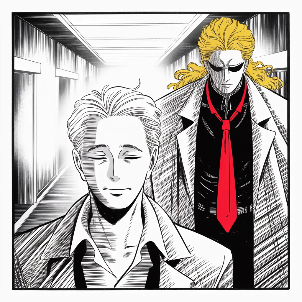 Manga panel 4 of 5, Week 38 “The Map Catches Fire”: a serene older man with half-closed eyes, gentle stillness, surgeon's calm walks away down a long empty corridor in the lower half of the frame; behind him at the lower right the imposing older man…