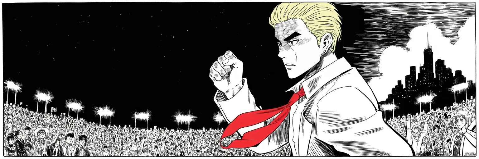 Manga panel 5 of 5, Week 38 “The Map Catches Fire”: Ultra-wide cinemascope night rally: halftone masses stretching beyond the stage lights along the bottom edge; imposing older man with a sweeping golden pompadour mane, long red necktie snapping in…