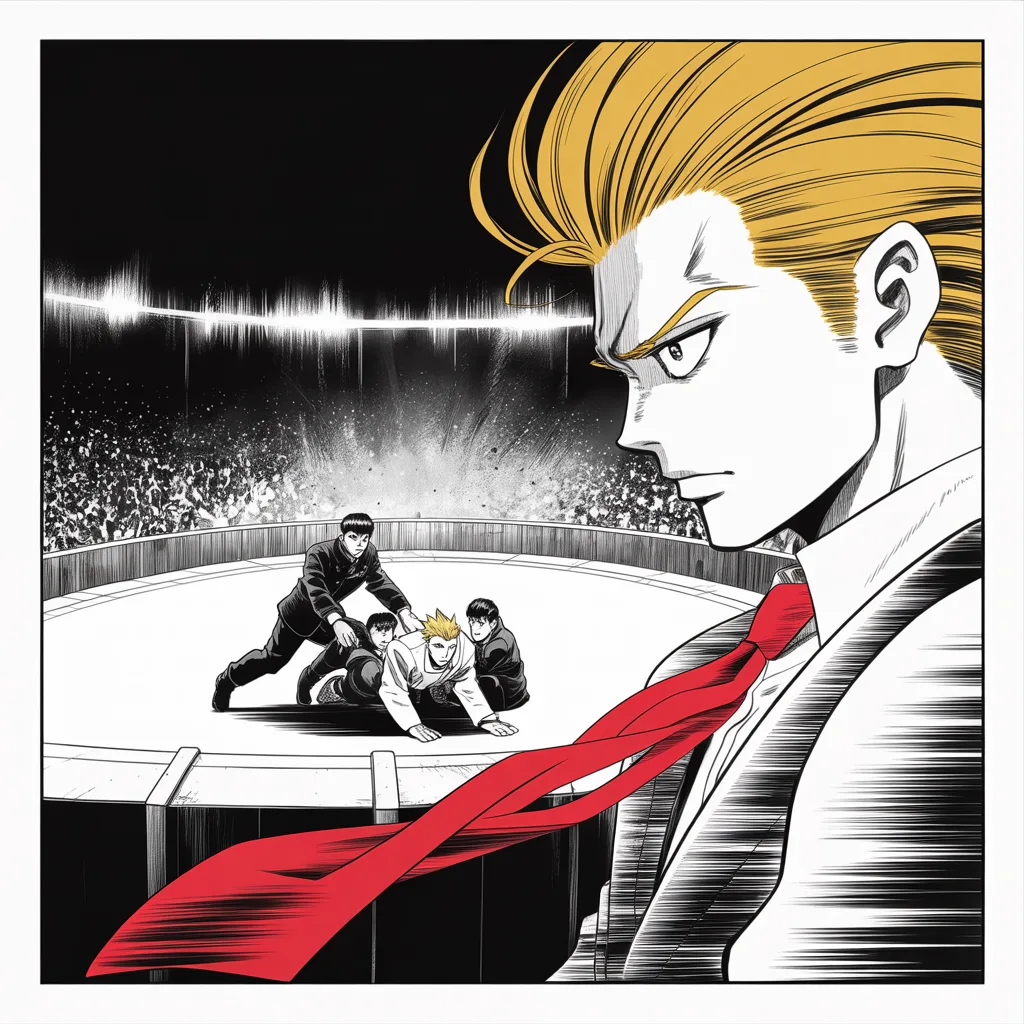 Manga panel 2 of 5, Week 39 “Smoke Over Chicago”: at the podium's edge in the middle strip of the frame a lunging man is dragged down mid-air by dark-suited guards; imposing older man with a sweeping golden pompadour mane, heavy brow, small intense…