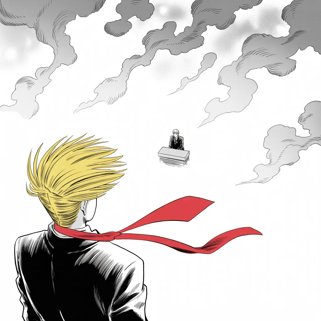 Manga panel 3 of 5, Week 39 “Smoke Over Chicago”: Black and white manga panel: an imposing older man with a sweeping golden pompadour mane seen entirely from behind in the lower left corner, small, long dark coat, very long red necktie tail…