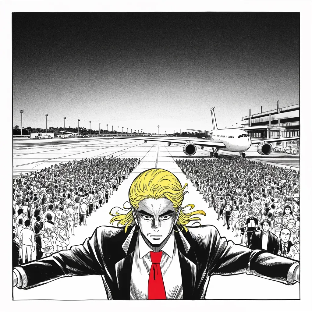 Manga panel 4 of 5, Week 39 “Smoke Over Chicago”: airport tarmac rally at dusk, a vast halftone sea of supporters stretching past the runway lights across the lower half of the frame, a great aircraft looming behind the stage at middle right…