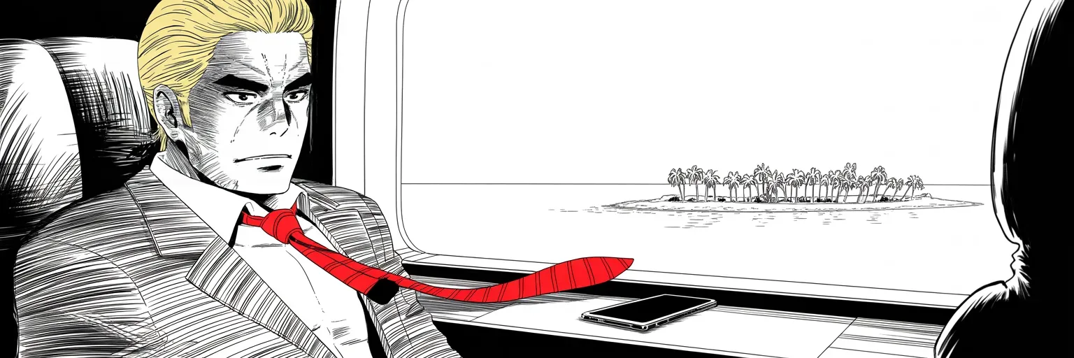 Manga panel 5 of 5, Week 39 “Smoke Over Chicago”: Ultra-wide cinemascope jet cabin at first light: imposing older man with a sweeping golden pompadour mane, heavy brow, small intense eyes seated at the left third of the frame gazes through the…