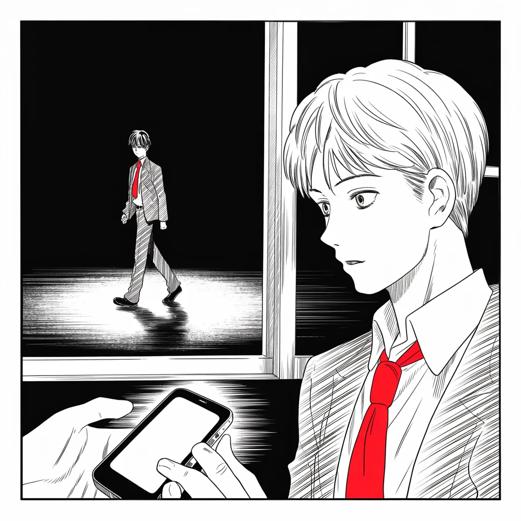 Manga panel 2 of 5, Week 40 “The Ides of March”: close-up of thumbs over a glowing phone screen in a dark room along the bottom edge of the frame; beyond the window in the middle strip a boyish clean-cut man, short dark hair, earnest large eyes…