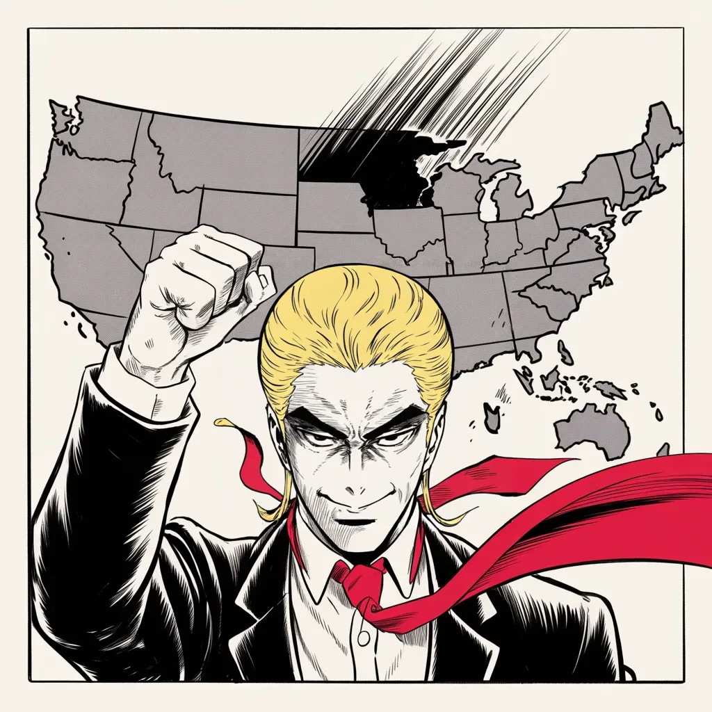 Manga panel 3 of 5, Week 40 “The Ides of March”: imposing older man with a sweeping golden pompadour mane, heavy brow, small intense eyes, strong jowled jaw, long dark suit, very long red necktie flowing like a battle banner raises a fist in the…